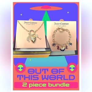 Juicy Couture Gold tone Heart Necklace & Charm bracelet 2 Piece Bundle Set